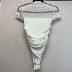Women's Veugol White Mesh Ruched Short Sleeve Bodysuit S
